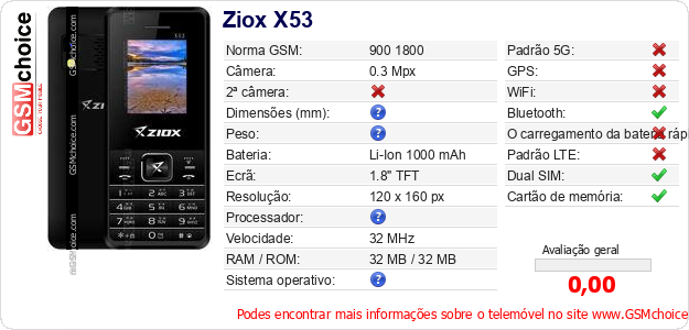 Ziox X53 Especificações técnicas do telemóvel Ziox X53 Especificações técnicas do telemóvel