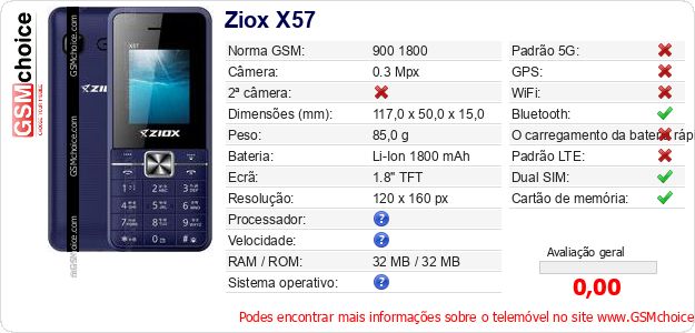 Ziox X57 Especificações técnicas do telemóvel 