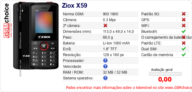 Ziox X59 Especificações técnicas do telemóvel 
