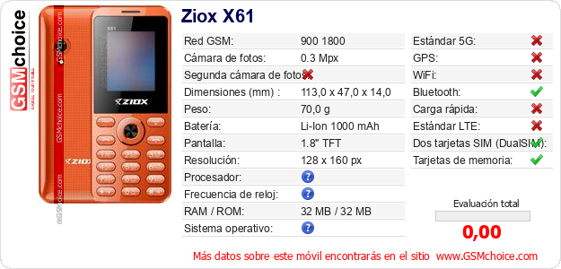 Ziox X61 Datos técnicos del móvil Ziox X61 Datos técnicos del móvil