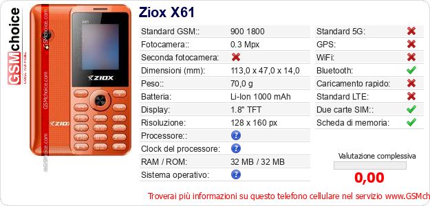 Ziox X61 Dati tecnici di telefono cellulare Ziox X61 Dati tecnici di telefono cellulare