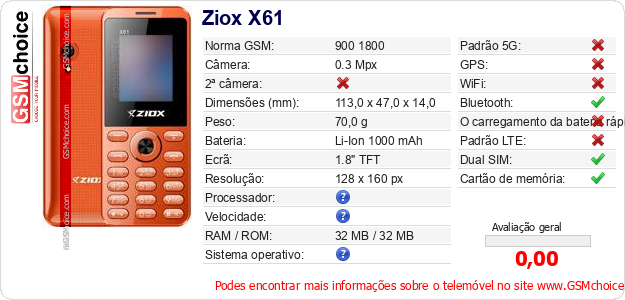 Ziox X61 Especificações técnicas do telemóvel Ziox X61 Especificações técnicas do telemóvel