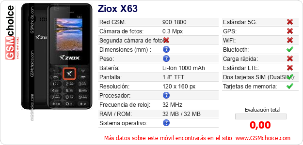 Ziox X63 Datos técnicos del móvil Ziox X63 Datos técnicos del móvil