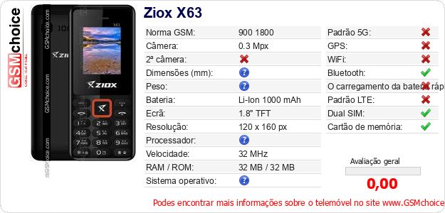 Ziox X63 Especificações técnicas do telemóvel Ziox X63 Especificações técnicas do telemóvel
