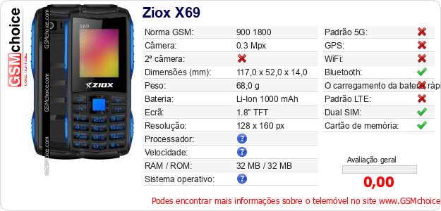 Ziox X69 Especificações técnicas do telemóvel Ziox X69 Especificações técnicas do telemóvel