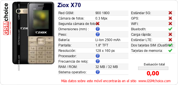 Ziox X70 Datos técnicos del móvil 