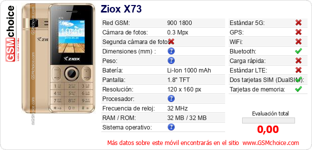 Ziox X73 Datos técnicos del móvil Ziox X73 Datos técnicos del móvil