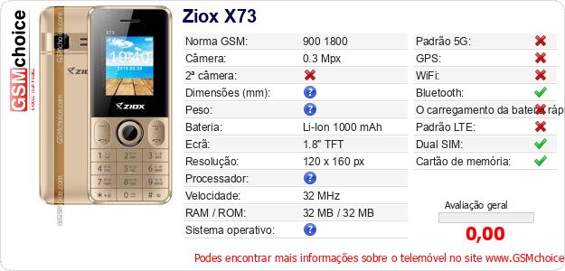 Ziox X73 Especificações técnicas do telemóvel 