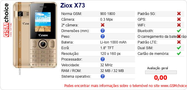 Ziox X73 Especificações técnicas do telemóvel 