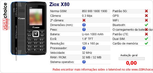Ziox X80 Especificações técnicas do telemóvel 