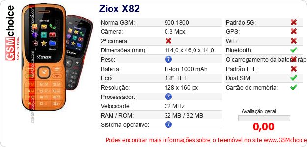 Ziox X82 Especificações técnicas do telemóvel 