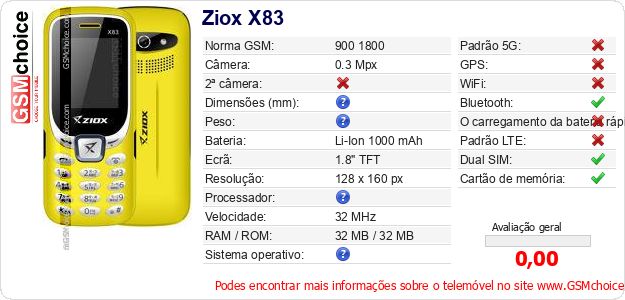 Ziox X83 Especificações técnicas do telemóvel Ziox X83 Especificações técnicas do telemóvel