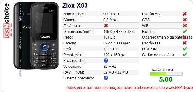 Ziox X93 Especificações técnicas do telemóvel Ziox X93 Especificações técnicas do telemóvel