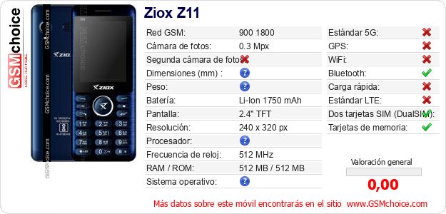Ziox Z11 Datos técnicos del móvil Ziox Z11 Datos técnicos del móvil