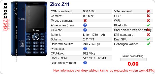 Ziox Z11 Technische gegevens Ziox Z11 Technische gegevens