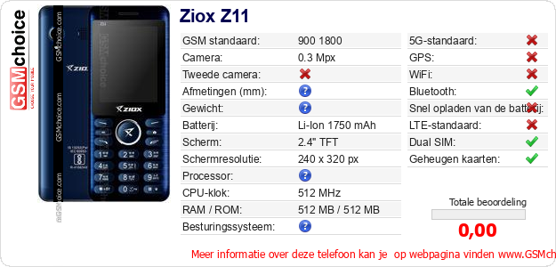 Ziox Z11 Technische gegevens Ziox Z11 Technische gegevens
