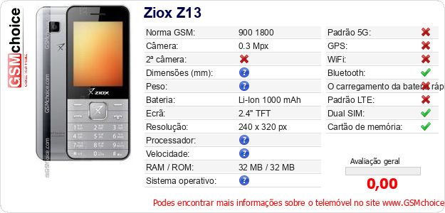 Ziox Z13 Especificações técnicas do telemóvel Ziox Z13 Especificações técnicas do telemóvel