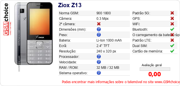 Ziox Z13 Especificações técnicas do telemóvel Ziox Z13 Especificações técnicas do telemóvel