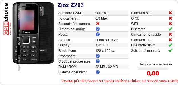 Ziox Z203 Dati tecnici di telefono cellulare 