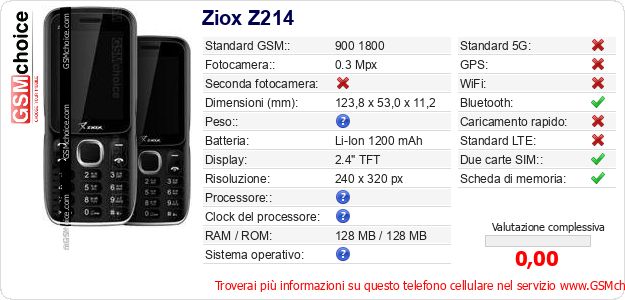 Ziox Z214 Dati tecnici di telefono cellulare 