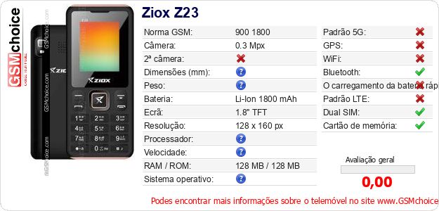 Ziox Z23 Especificações técnicas do telemóvel 