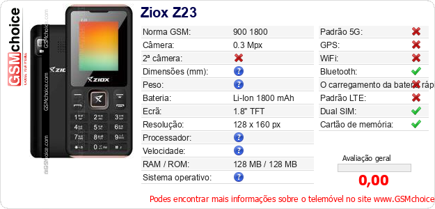Ziox Z23 Especificações técnicas do telemóvel 