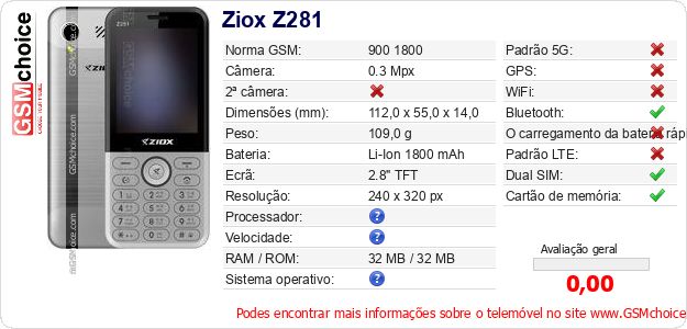 Ziox Z281 Especificações técnicas do telemóvel Ziox Z281 Especificações técnicas do telemóvel