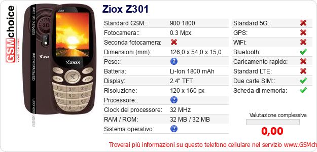Ziox Z301 Dati tecnici di telefono cellulare 