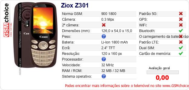 Ziox Z301 Especificações técnicas do telemóvel Ziox Z301 Especificações técnicas do telemóvel
