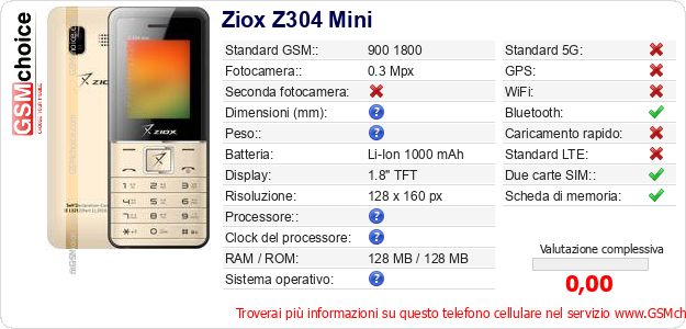 Ziox Z304 Mini Dati tecnici di telefono cellulare Ziox Z304 Mini Dati tecnici di telefono cellulare
