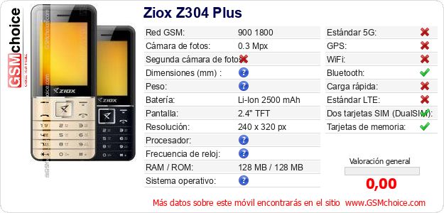 Ziox Z304 Plus Datos técnicos del móvil Ziox Z304 Plus Datos técnicos del móvil