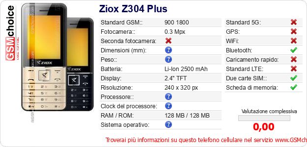Ziox Z304 Plus Dati tecnici di telefono cellulare 