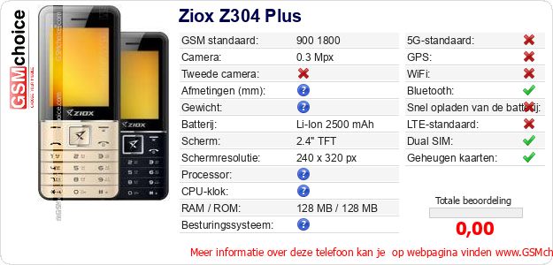 Ziox Z304 Plus Technische gegevens Ziox Z304 Plus Technische gegevens