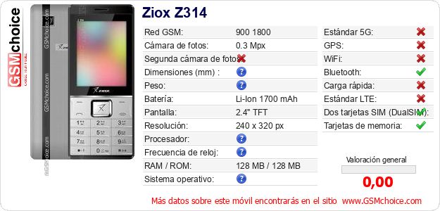 Ziox Z314 Datos técnicos del móvil Ziox Z314 Datos técnicos del móvil