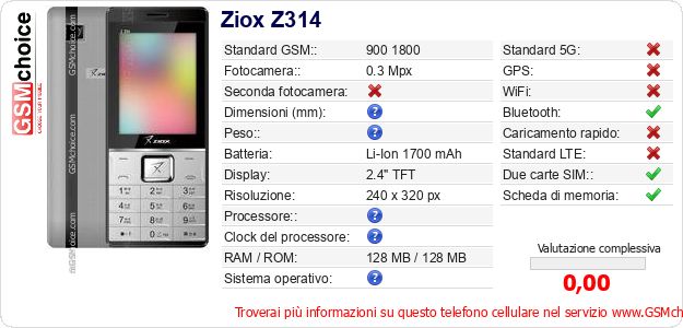 Ziox Z314 Dati tecnici di telefono cellulare 