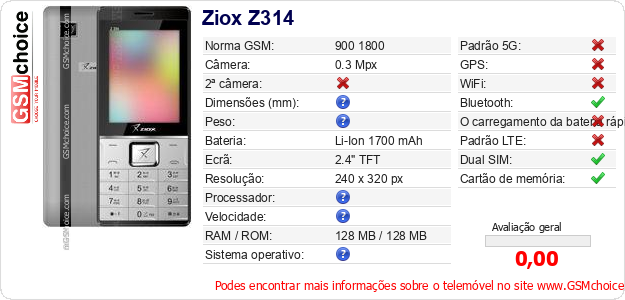 Ziox Z314 Especificações técnicas do telemóvel 