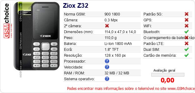 Ziox Z32 Especificações técnicas do telemóvel Ziox Z32 Especificações técnicas do telemóvel