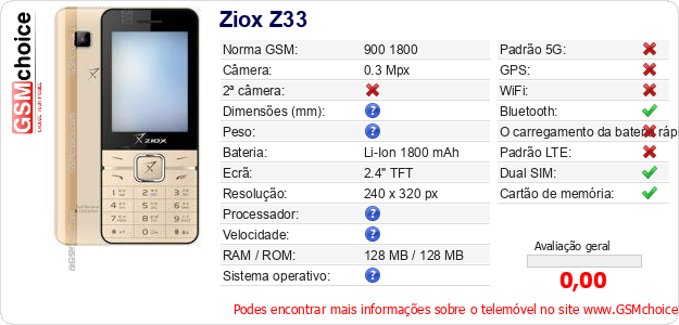 Ziox Z33 Especificações técnicas do telemóvel 