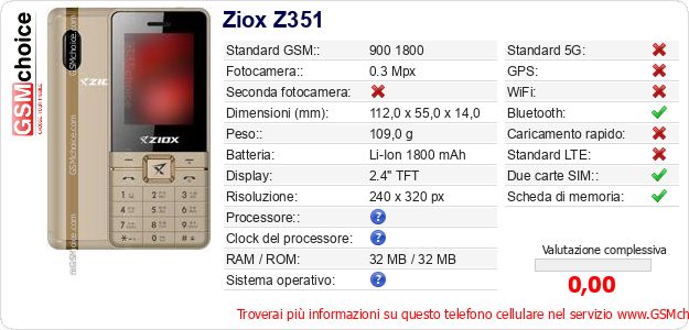 Ziox Z351 Dati tecnici di telefono cellulare Ziox Z351 Dati tecnici di telefono cellulare