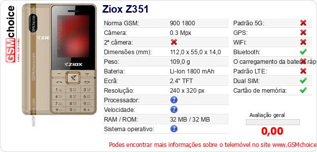 Ziox Z351 Especificações técnicas do telemóvel Ziox Z351 Especificações técnicas do telemóvel