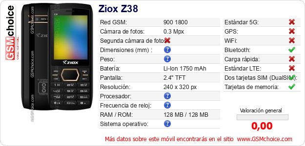 Ziox Z38 Datos técnicos del móvil Ziox Z38 Datos técnicos del móvil