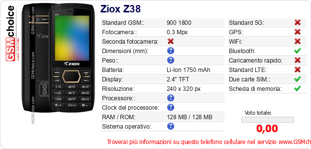 Ziox Z38 Dati tecnici di telefono cellulare Ziox Z38 Dati tecnici di telefono cellulare
