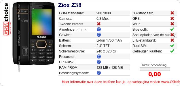 Ziox Z38 Technische gegevens 