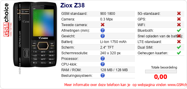 Ziox Z38 Technische gegevens Ziox Z38 Technische gegevens