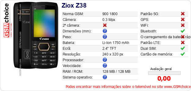 Ziox Z38 Especificações técnicas do telemóvel 