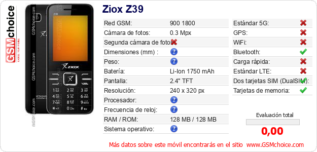 Ziox Z39 Datos técnicos del móvil Ziox Z39 Datos técnicos del móvil