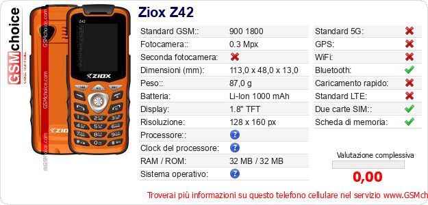 Ziox Z42 Dati tecnici di telefono cellulare 