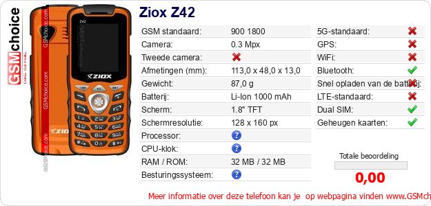 Ziox Z42 Technische gegevens Ziox Z42 Technische gegevens