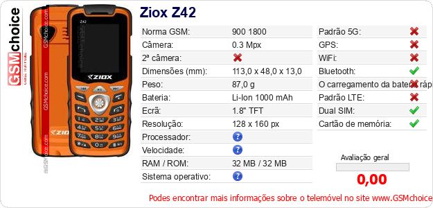 Ziox Z42 Especificações técnicas do telemóvel Ziox Z42 Especificações técnicas do telemóvel