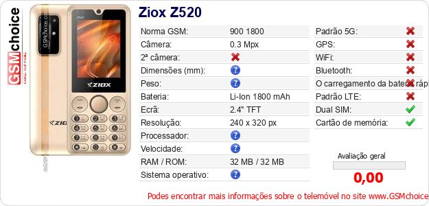 Ziox Z520 Especificações técnicas do telemóvel Ziox Z520 Especificações técnicas do telemóvel